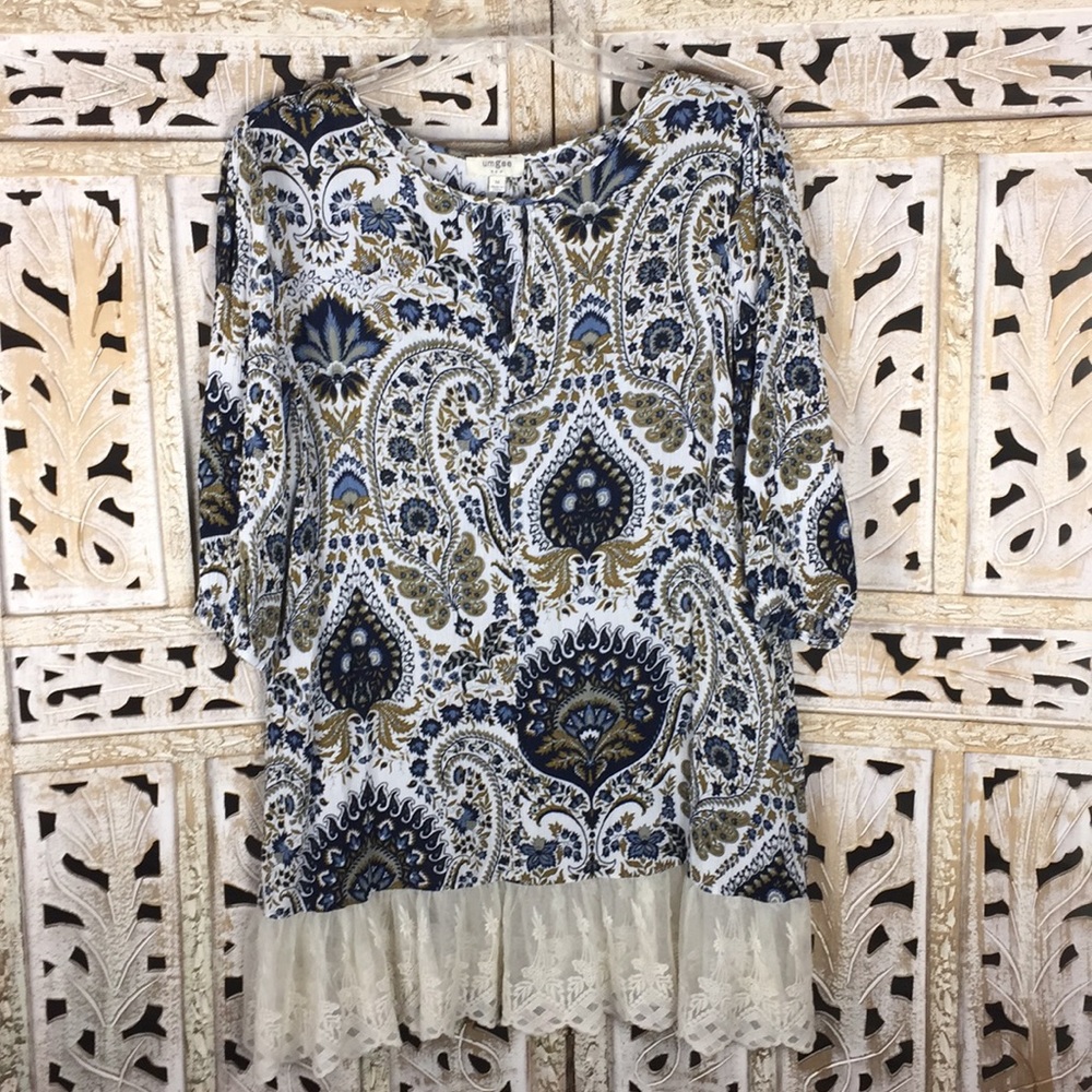 Umgee Paisley Floral Lace Boho Tunic Dress Size M